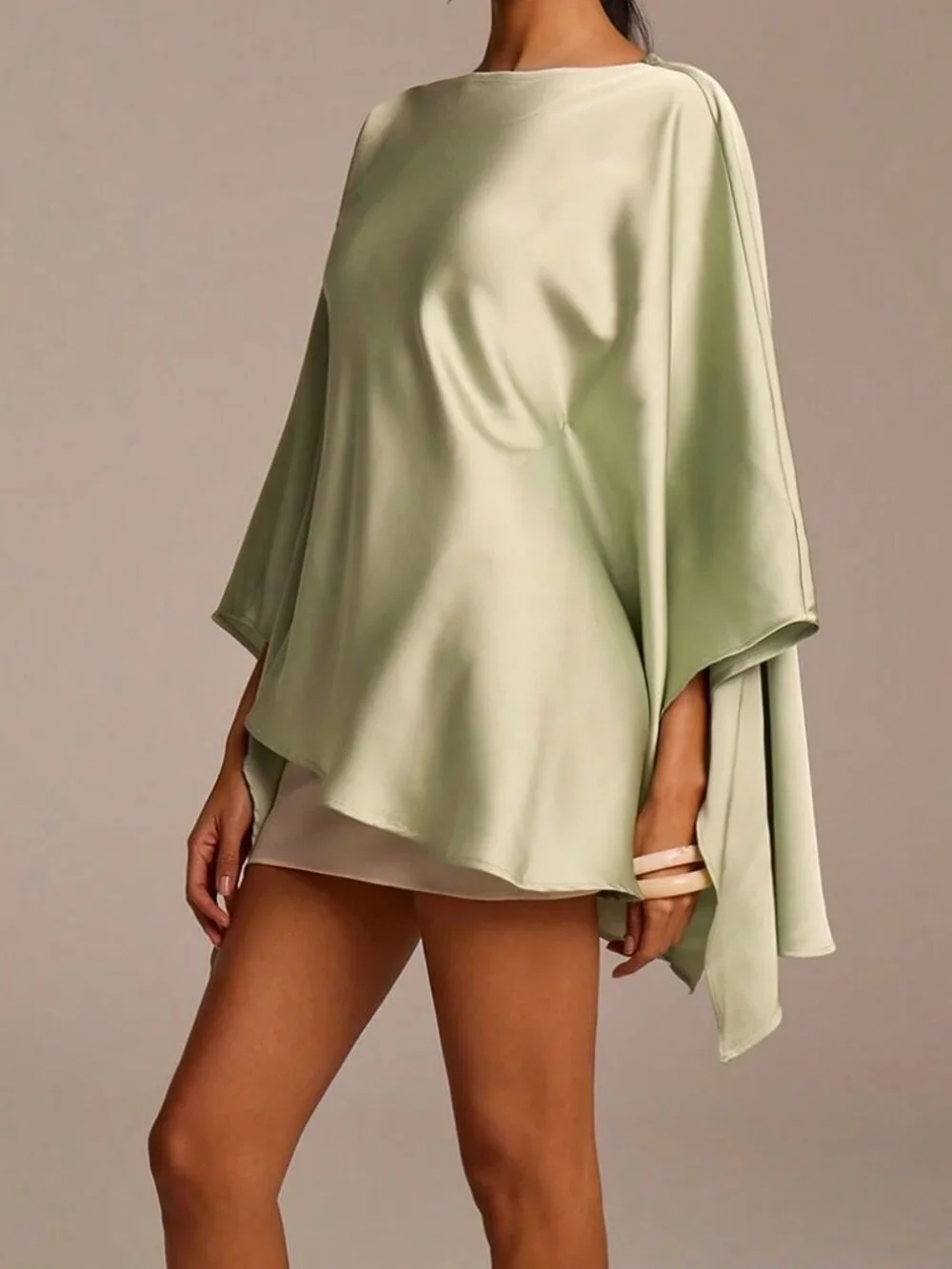 Green Elegant Women's Long Sleeve Asymmetric Satin Blouse